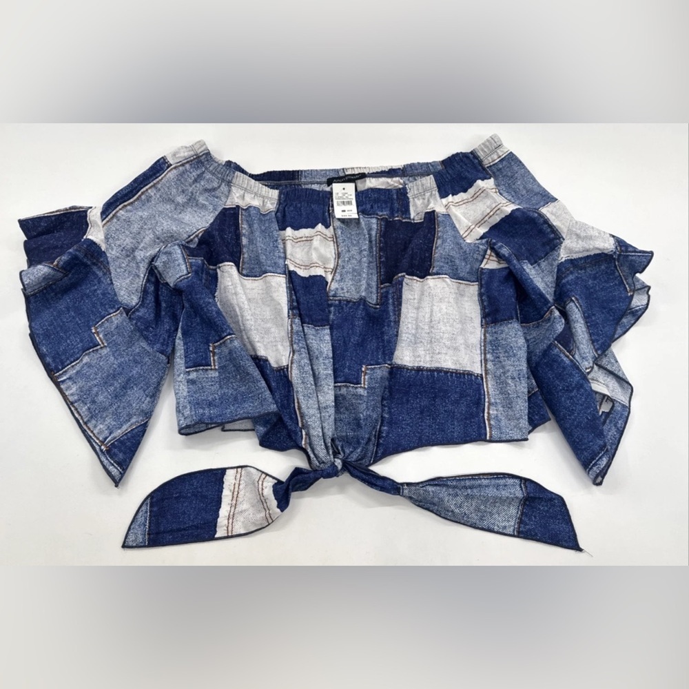 Ashley Stewart Womens Off Shoulder Top Patchwork Denim Print Crop Tie 26 28 NEW